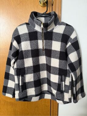 Old Navy Black & White Buffalo Plaid Sherpa Half-Zip Jacket